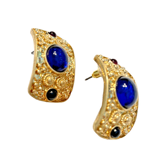 Vintage 1980’s Pierced Earrings Chunky Goldtone Faux Hoops Red Blue Cabechons - Picture 3 of 8